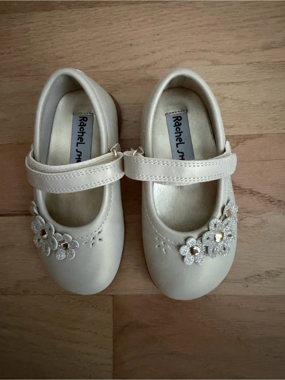 Rachel Shoes Beige Pearl Girls Mary Jane Flats with Floral Gems